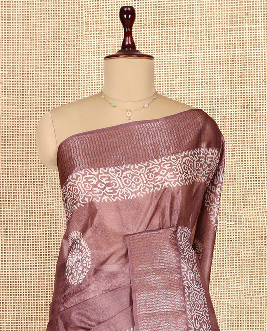 Brown Tusser Silk Saree Features Buttas, a Zari Border, Self-Pallu of Stripes, and a Matching Blouse