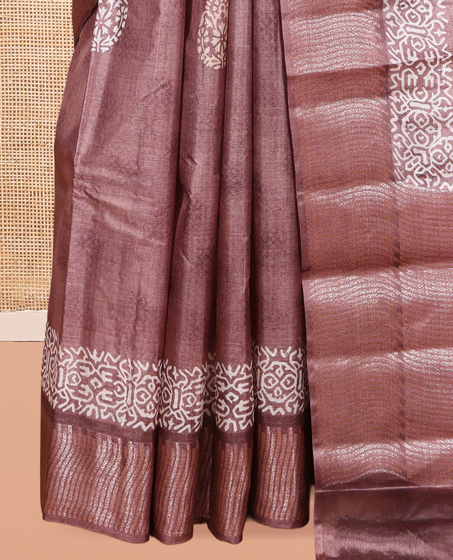 Brown Tusser Silk Saree Features Buttas, a Zari Border, Self-Pallu of Stripes, and a Matching Blouse