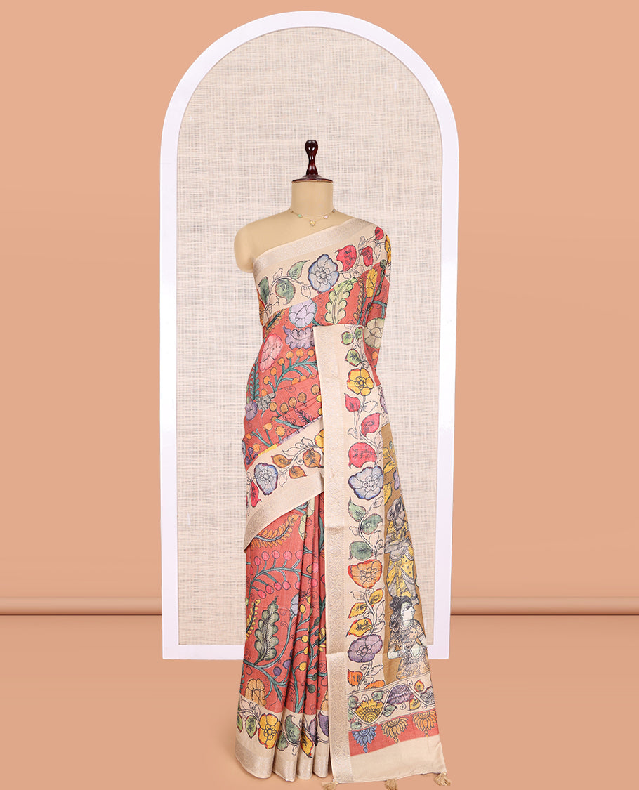 Dark Peach Kalamkari Printed Fancy Tussar Saree