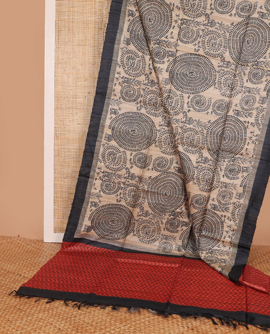 Sandal warli village-theme motifs printed tussar saree, contrast plain border, contrast chevron striped pallu & printed blouse