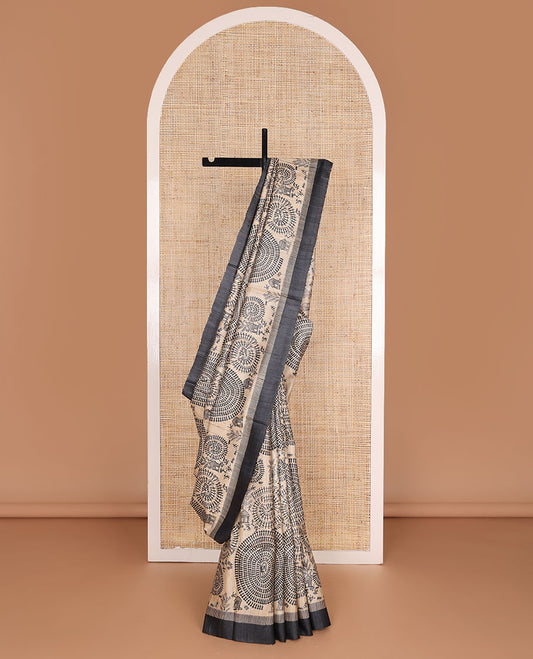 Sandal warli village-theme motifs printed tussar saree, contrast plain border, contrast chevron striped pallu & printed blouse