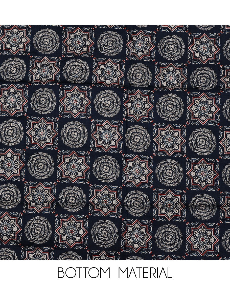 Cream-blue material chudidar set, Ajrakh printed patch neck work top, contrast Ajrakh printed bottom, and thread embroidered dupatta