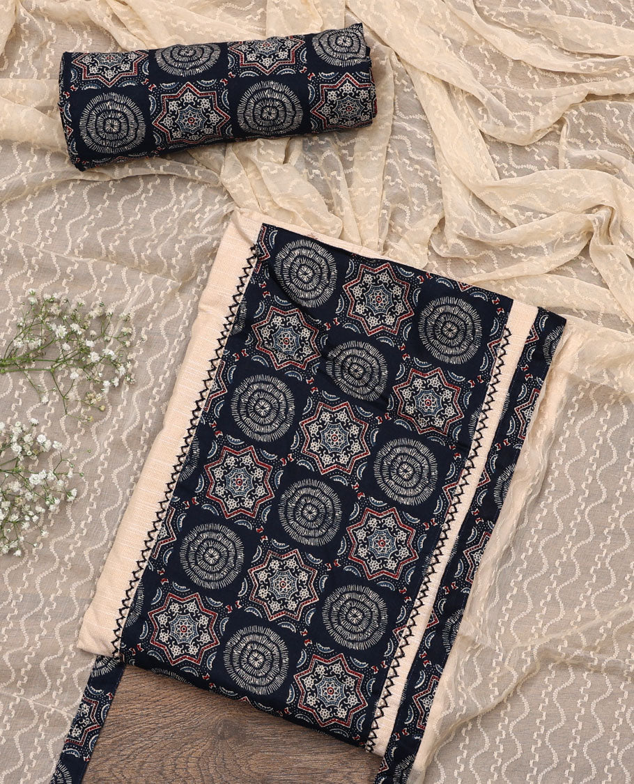 Cream-blue material chudidar set, Ajrakh printed patch neck work top, contrast Ajrakh printed bottom, and thread embroidered dupatta