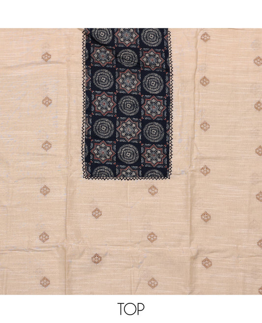 Cream-blue material chudidar set, Ajrakh printed patch neck work top, contrast Ajrakh printed bottom, and thread embroidered dupatta