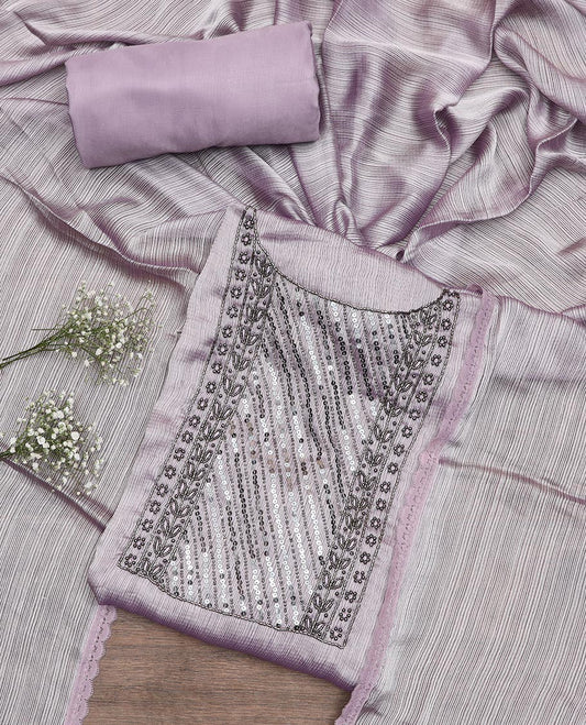 Pale pink material chudidar set, neck embroidered top, plain bottom, and plain scallop border dupatta