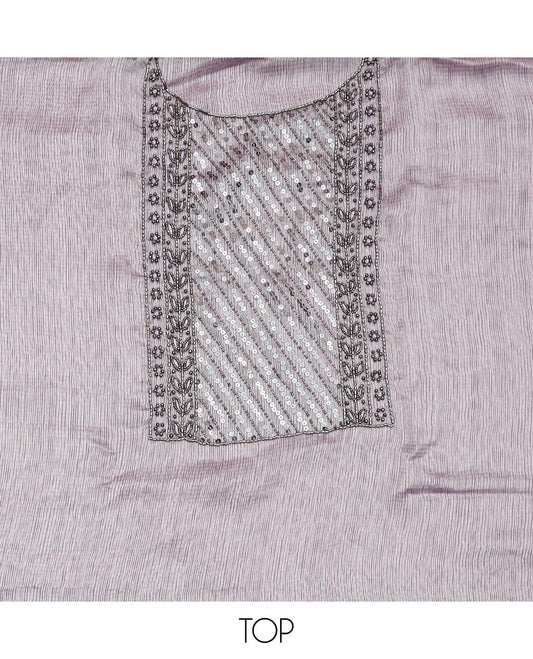 Pale pink material chudidar set, neck embroidered top, plain bottom, and plain scallop border dupatta