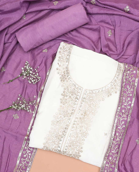 white chudidhar material set floral thread embroidery with sequins work, plain bottom & floral sequins work dupatta
