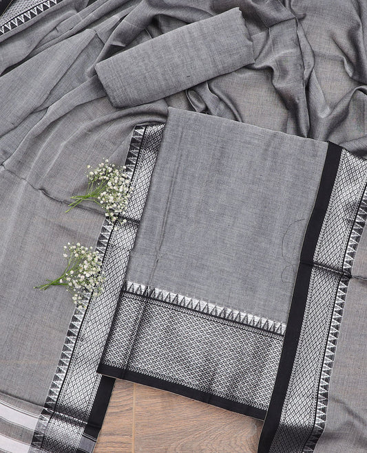 Grey checked, temple design chudidhar material top with plain bottom & plain, zari design border dupatta