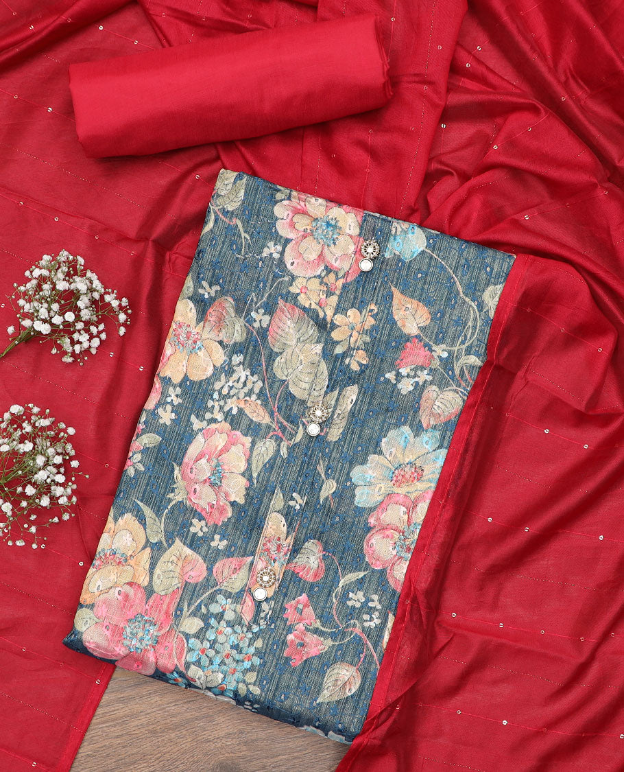 Blue material chudidar set, floral printed with thread embroidered top, contrast plain bottom and sequins striped dupatta