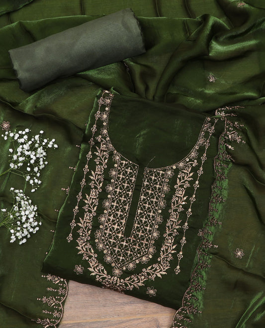 Green material chudidar set, sequins embroidered top, plain bottom, and scallop thread embroidered dupatta