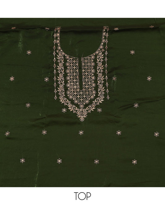 Green material chudidar set, sequins embroidered top, plain bottom, and scallop thread embroidered dupatta