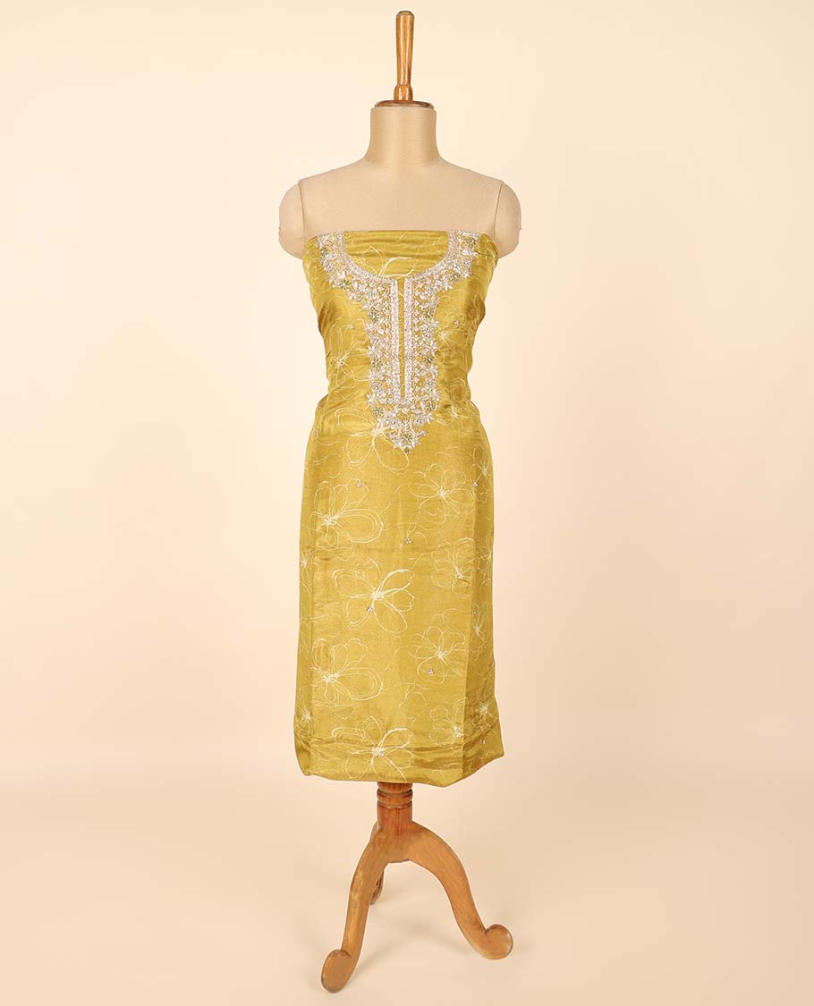 green material chudidhar set, floral print & embroidered top, plain bottom & Banaras buttas duppata