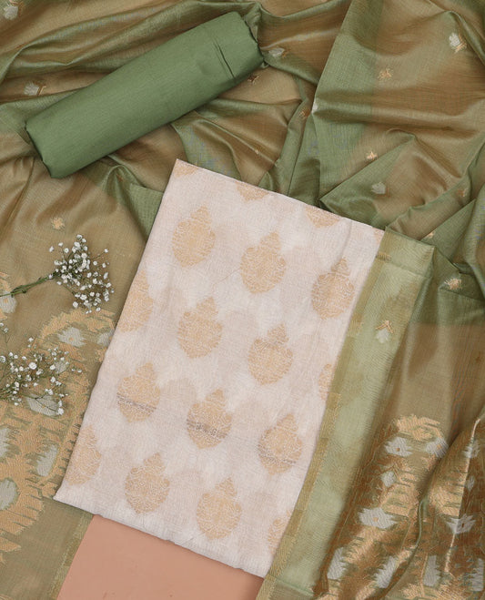 Cream chudidhar material set, floral motifs top, green plain bottom & floral design dupatta