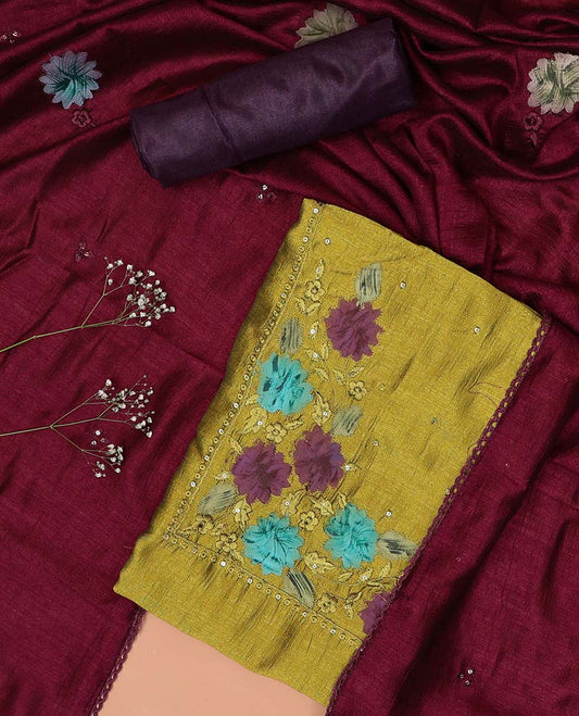 Green chudidhar material set floral thread embroidered top with plain bottom & floral design dupatta