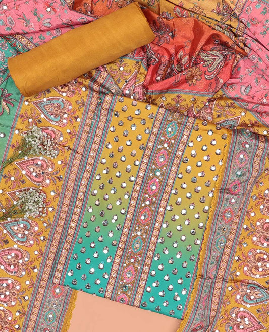 Multi-color chudidhar material set floral design with mirror work, mustard plain bottom & floral design with mirror work dupatta