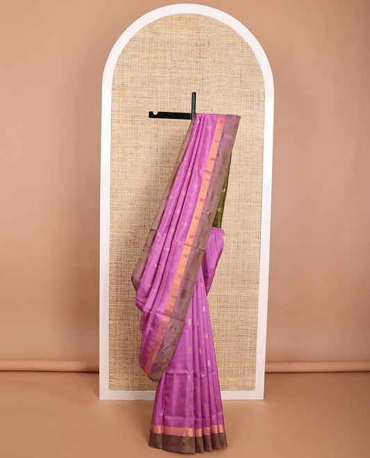 Purple paisley design uppada saree with contrast zari design border & striped, paisley design pallu