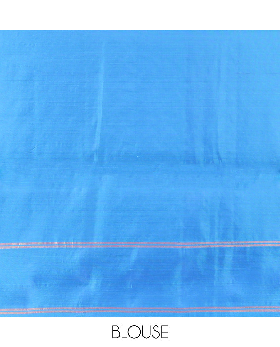 Blue Semi Uppada Saree Ornamented with Zari Buttas, Complemented by a Contrast Zari Woven Border, Pallu of Floral and Leaf Designs, and Paired with a Contrast Blouse