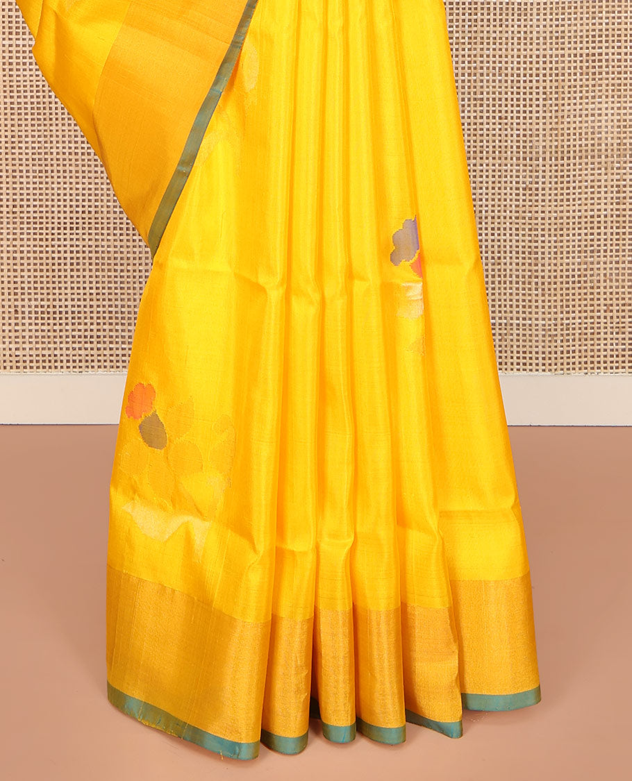 Yellow Uppada Silk Saree, Prettified with Floral Meena Buttas All Over Its Body, Subtle Plain Border, Complemented  by Contrast Pallu Steeped with Floral Meena Buttas, and Paired with a Contrast Blouse
