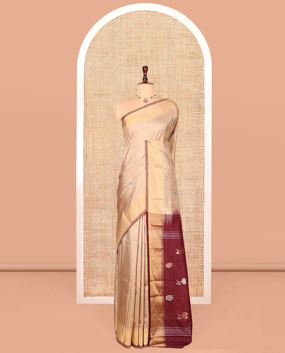 Sandal Uppada Silk Saree, Sparsely Sparkled with Buttas, a Subtle Zari Border, Contrast Zari Woven Pallu, and a Contrast Blouse