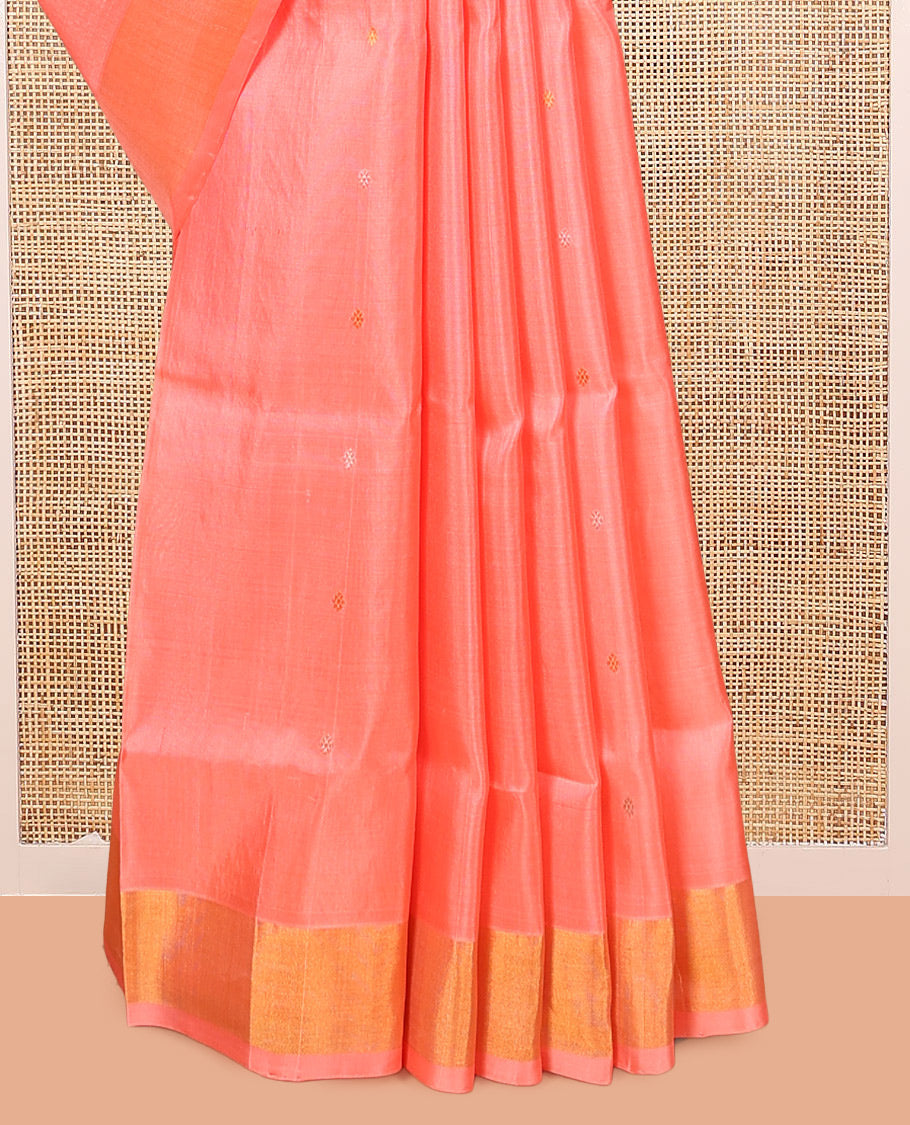 Coral Pink Uppada Silk Saree, Dazzled with Zari Buttas, a Bavanji Border, Grand Floral Jaal Pallu, and a Matching Blouse