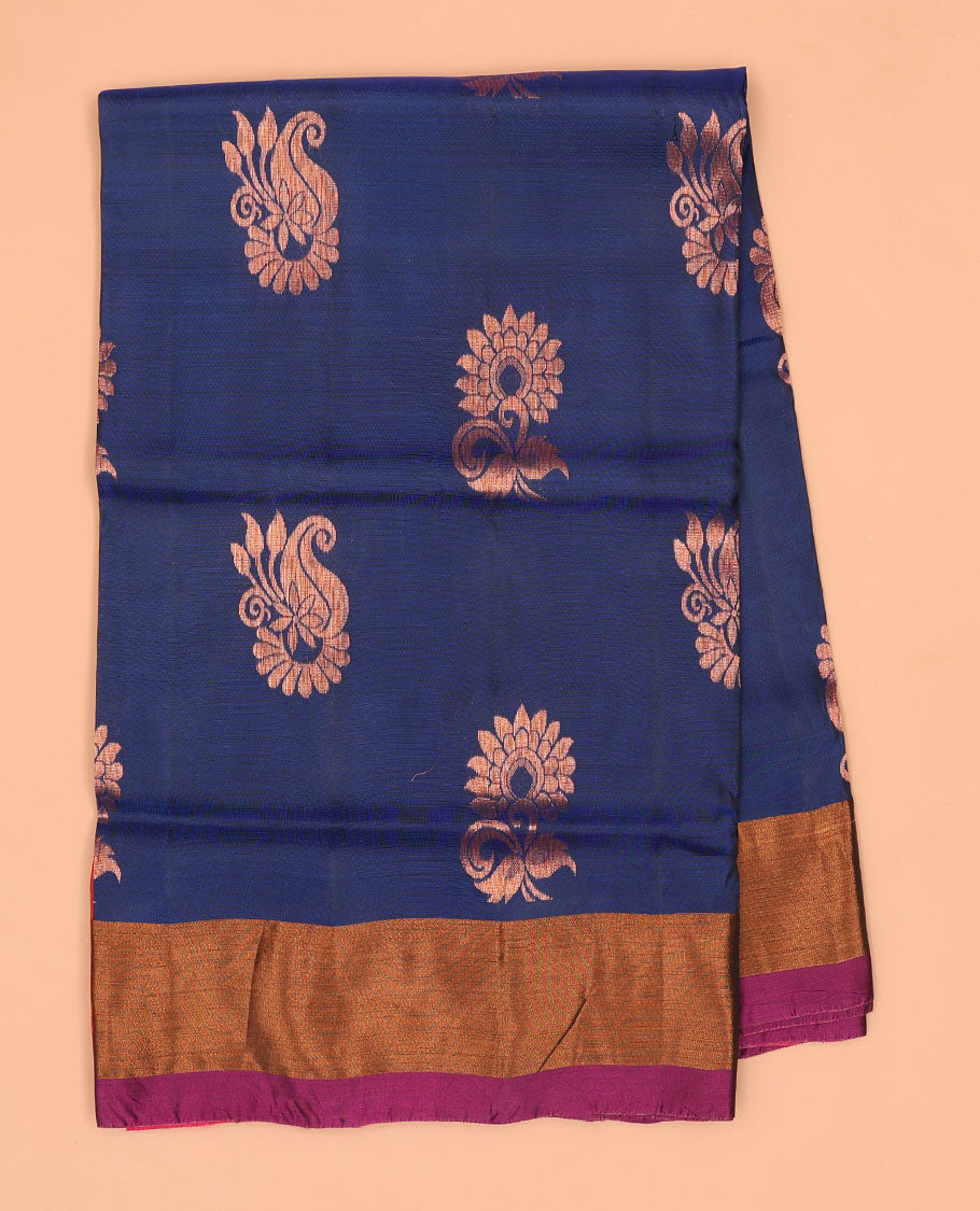 Blue floral motifs semi-uppada saree with contrast zari border & zari jaal design pallu