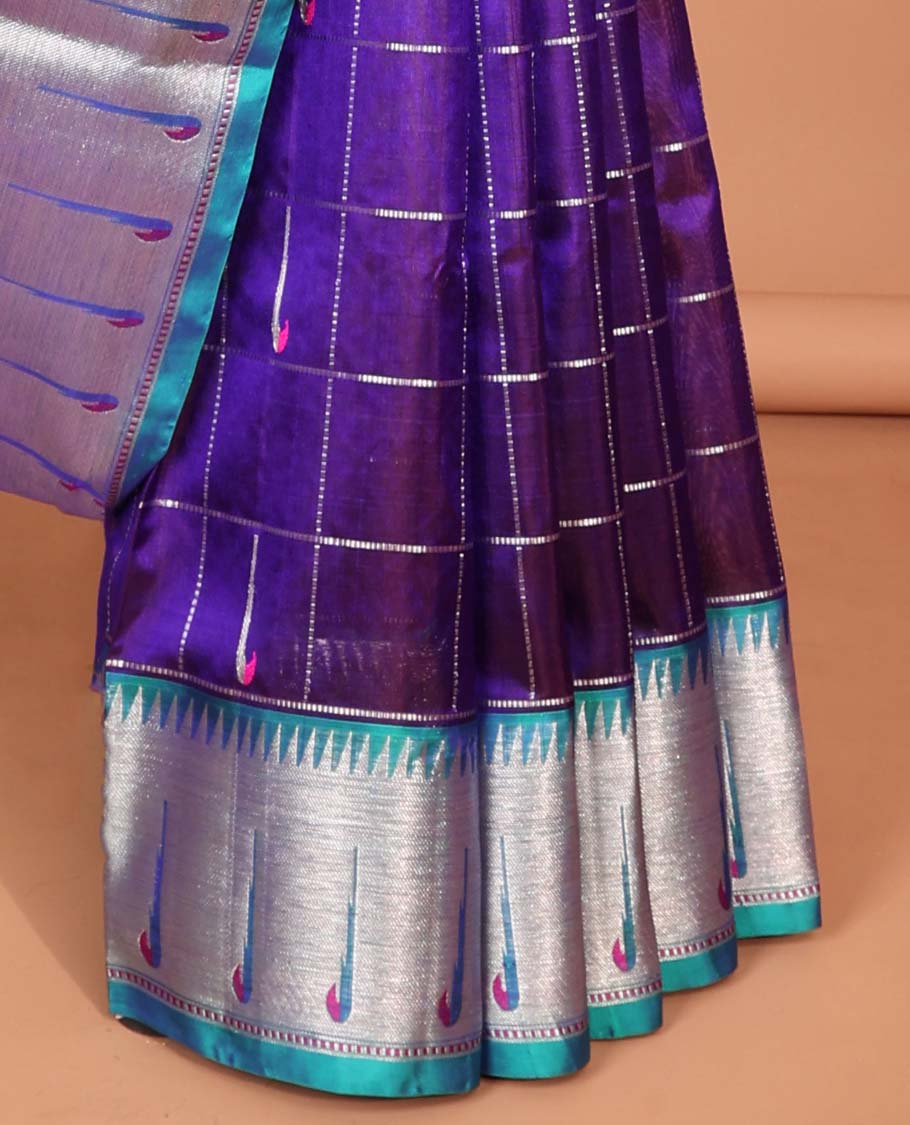 Violet parrot motifs enclosed with checked design vengatagiri pure silk saree , contrast parrot border & pallu of argyle pattern