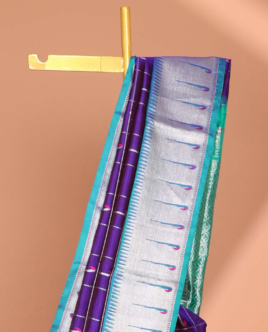 Violet parrot motifs enclosed with checked design vengatagiri pure silk saree , contrast parrot border & pallu of argyle pattern