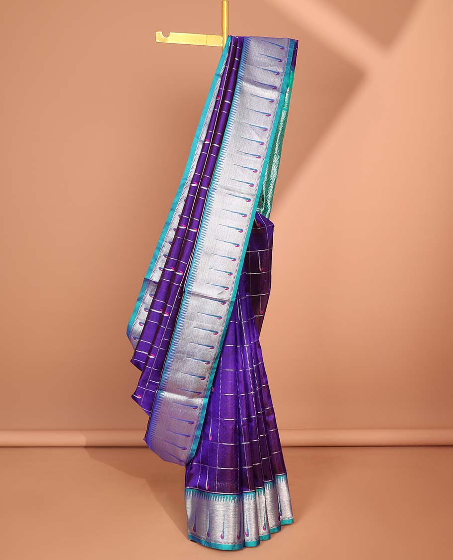 Violet parrot motifs enclosed with checked design vengatagiri pure silk saree , contrast parrot border & pallu of argyle pattern