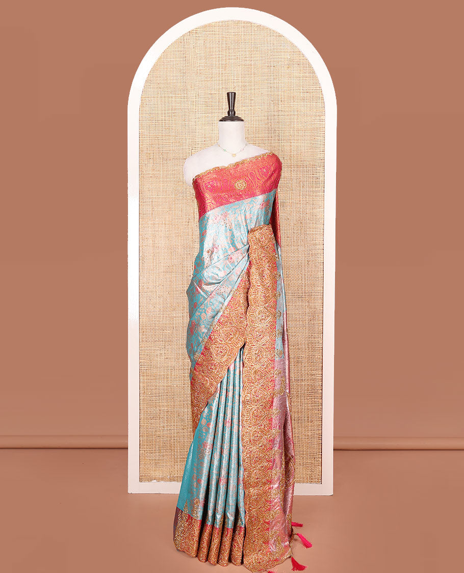 Blue Vastrakala Silk Saree, Prettified with Jacquard and Embroidery, Complemented by Contrast Traditional Zari and Patch Embroidered Scallop Border, Gleaming Grand Stone Work Pallu, and Paired with Contrast Embroidered Blouse