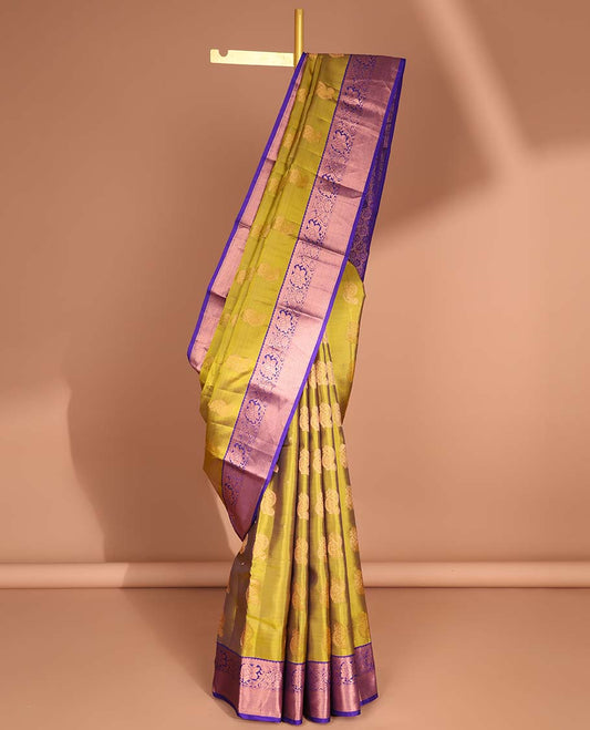 Green floral buttas vasundhara elite silk saree with contrast intricate zari design border & floral jaal design pallu