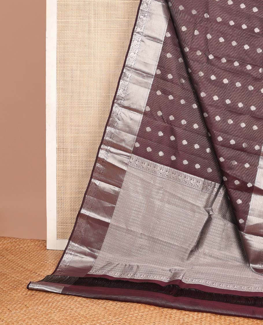 Maroon zari design Vasundhara silk mix saree, zari border of rekku,chakram & mayil designs & jaal pallu