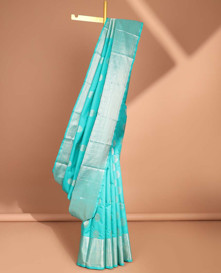 Blue round buttas vasundhara silk mix saree with self - zari design border & checked zari design pallu