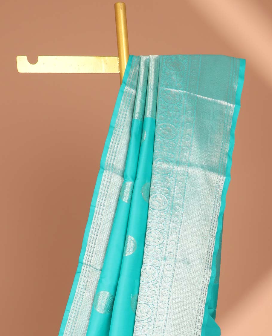 Blue round buttas vasundhara silk mix saree with self - zari design border & checked zari design pallu