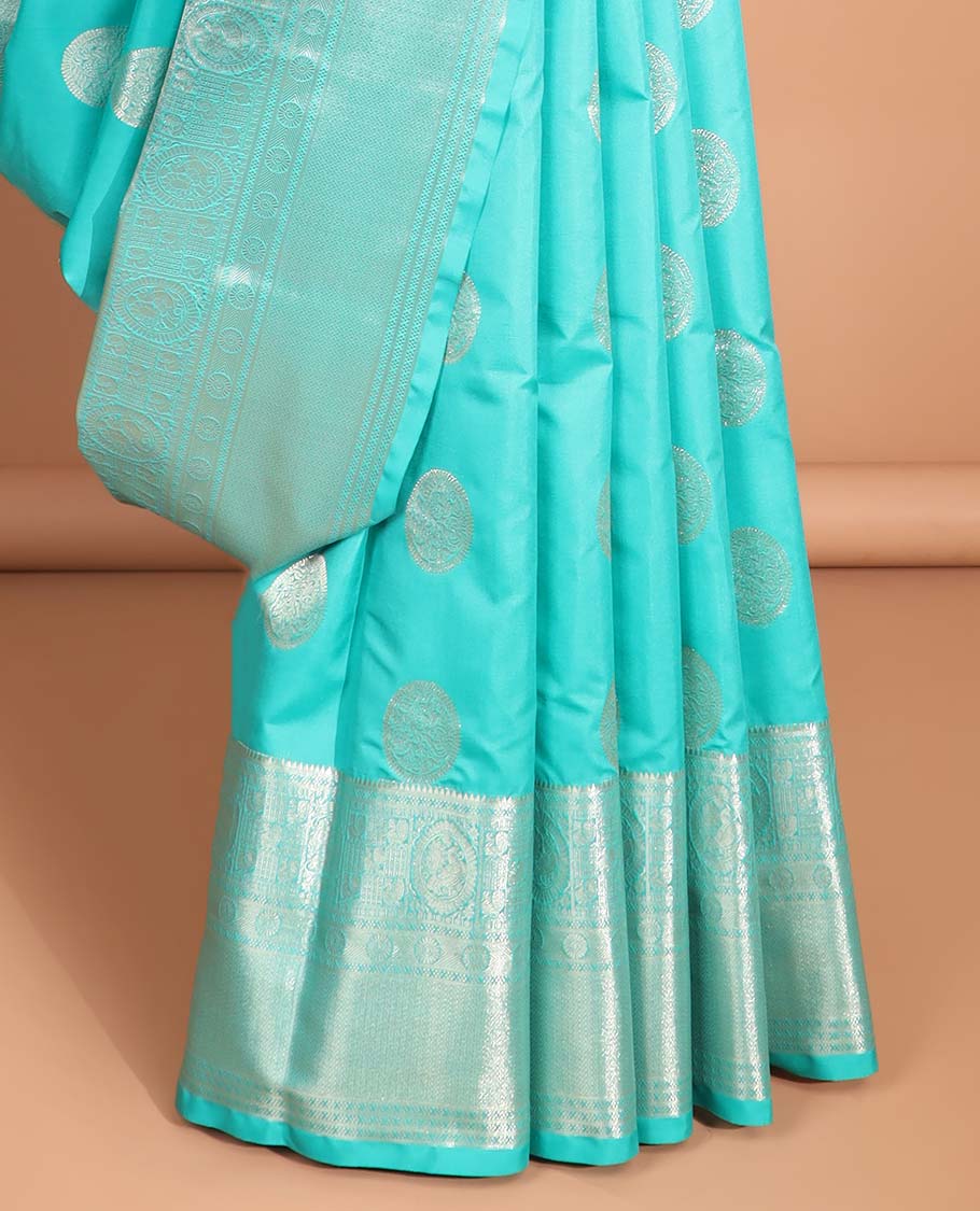 Blue round buttas vasundhara silk mix saree with self - zari design border & checked zari design pallu