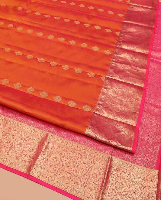 Orange Vasundhara Lite Silk Mix Saree, Spotlighted with Zari Buttas All Over Its Body, Complemented by a Contrast Zari Border, Grand Woven Pallu of Jaal Designs, and Paired with a Contrast Blouse