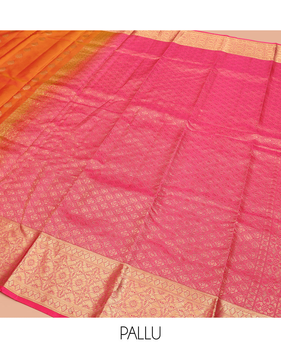 Orange Vasundhara Lite Silk Mix Saree, Spotlighted with Zari Buttas All Over Its Body, Complemented by a Contrast Zari Border, Grand Woven Pallu of Jaal Designs, and Paired with a Contrast Blouse