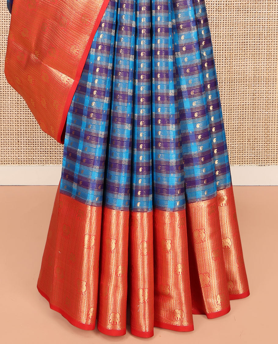 Multi-Color Vasundhara Lite Silk Mix Saree, Ornamented with Checked Design on Its Body, Complemented by a Contrast Border of Geometric, Mayil, and Yaanai Designs, a Grand Scallop Design Pallu, and Paired with a Contrast Blouse