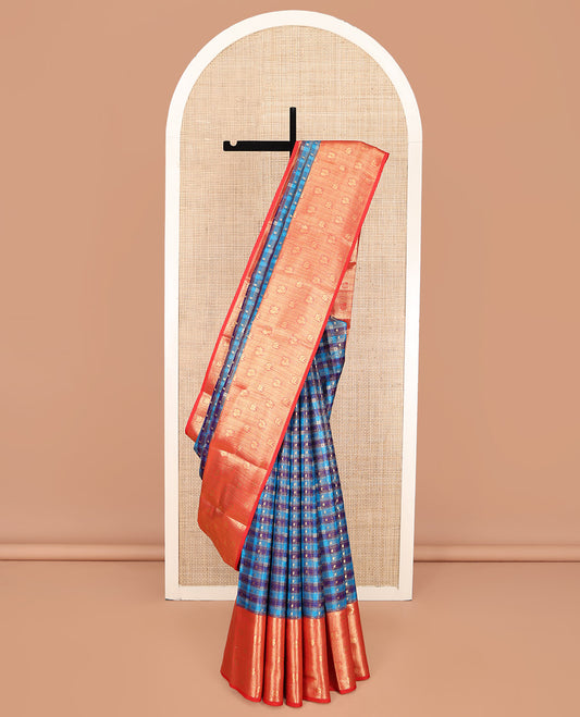 Multi-Color Vasundhara Lite Silk Mix Saree, Ornamented with Checked Design on Its Body, Complemented by a Contrast Border of Geometric, Mayil, and Yaanai Designs, a Grand Scallop Design Pallu, and Paired with a Contrast Blouse