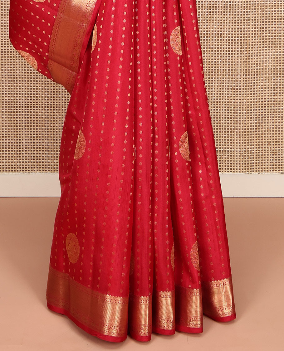 Red Vasundhara Silk Mix Saree, Decorated with Zari Buttas All Over Its Body, Highlighted by Zari Border of Rudraksham, Neli, Mayil, and Yaali Designs, Grand Pallu, and Paired with a Matching Blouse