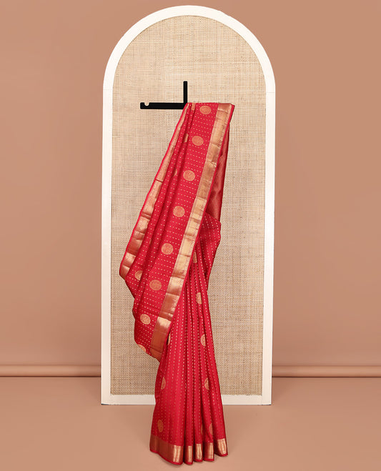 Red Vasundhara Silk Mix Saree, Decorated with Zari Buttas All Over Its Body, Highlighted by Zari Border of Rudraksham, Neli, Mayil, and Yaali Designs, Grand Pallu, and Paired with a Matching Blouse