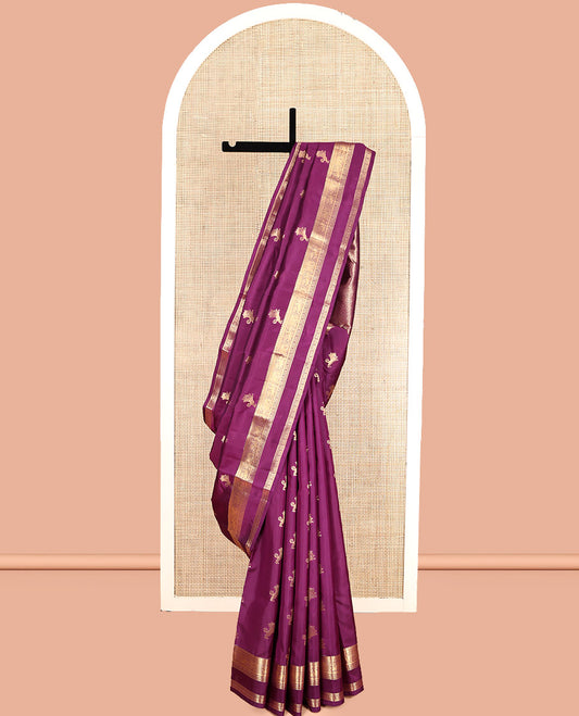 Magenta Vasundhara Lite Silk Mix Saree, Detailed with Yaali Buttas, Highlighted by Zari Border of Manga, Muthu, Mayil, and Yaanai Design, Grand Pallu, and a Matching Blouse