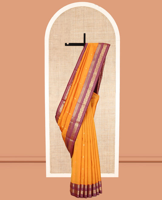 Orange Vasundhara Lite Silk Mix Saree, Gleamed Up with Zari Buttas, Contrast Border of Banaras, Banaras, Muthu, and Mayil Designs, Mayil Pallu, and a Contrast Blouse
