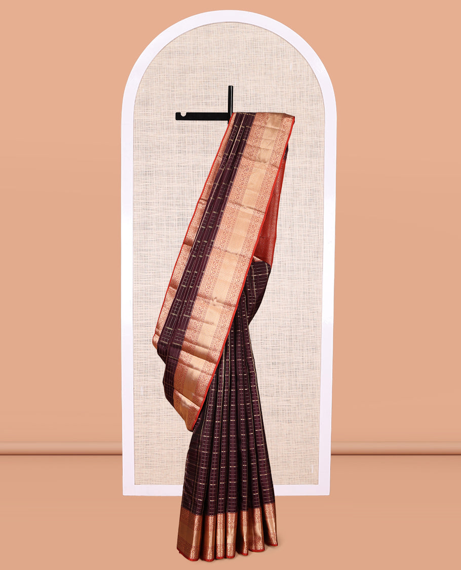 Brown Checked Vasundhara Lite Silk Mix Saree, a Contrast Kodi Visiry-Mayil Kann Border, a Contrast Blouse