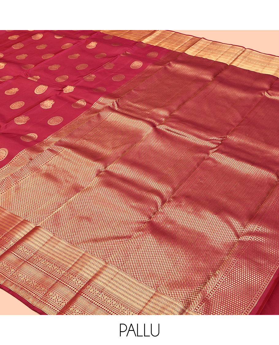 Red Vasundhara Lite Silk Mix Saree, Mesmerized with Iruthalai-Pakshi and Chakram Buttas, a Traditional Zari Border, Vanki Design Pallu, and a Matching Blouse