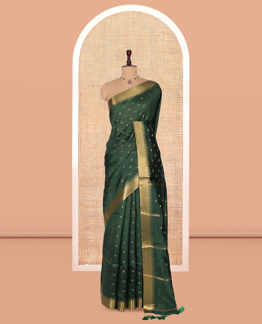 Green Banana Pith Saree, Accentuated with Zari Buttas, a Zari Temple Border, Striped Pallu, and Matching Blouse