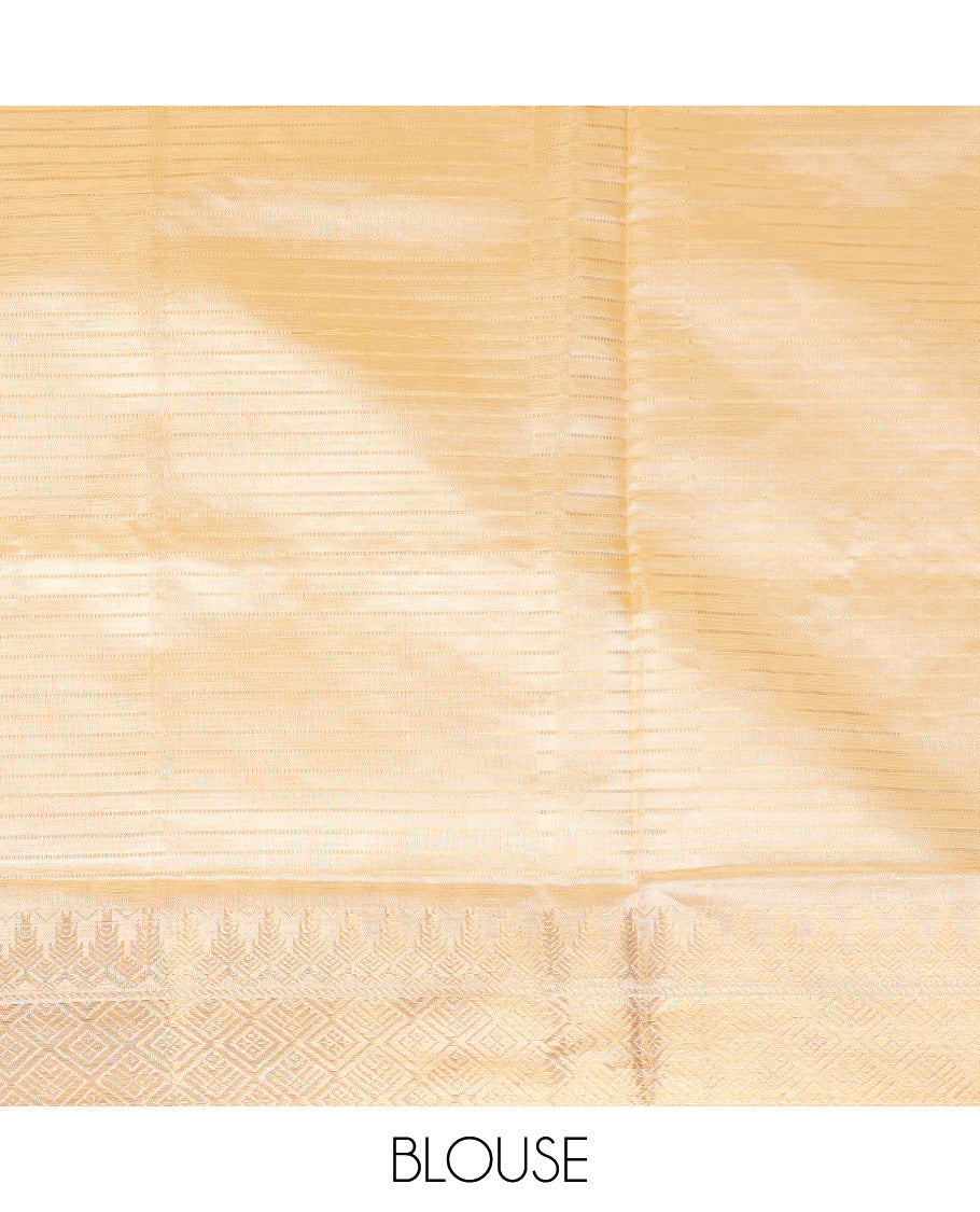 Cream striped banana pith saree, traditional zari border, and pallu of stripes