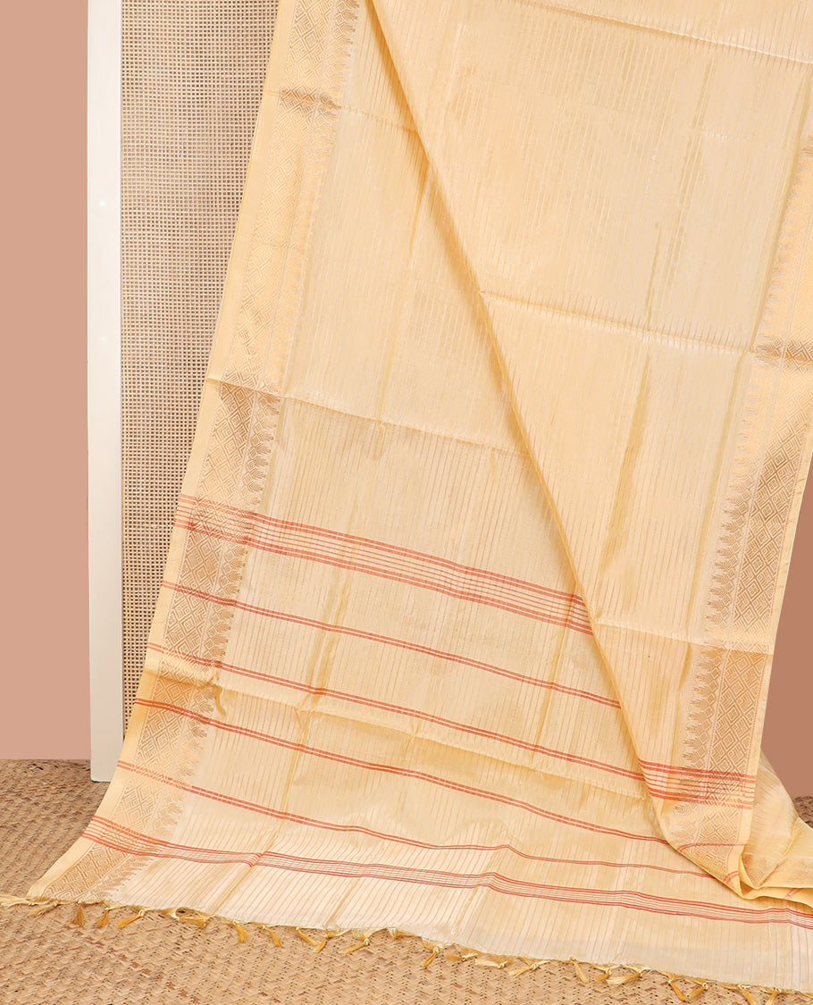 Cream striped banana pith saree, traditional zari border, and pallu of stripes