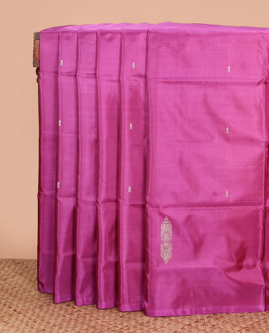 Borderless magenta buttas Banana pith saree, contrast pallu of stripes, and resham thread buttas
