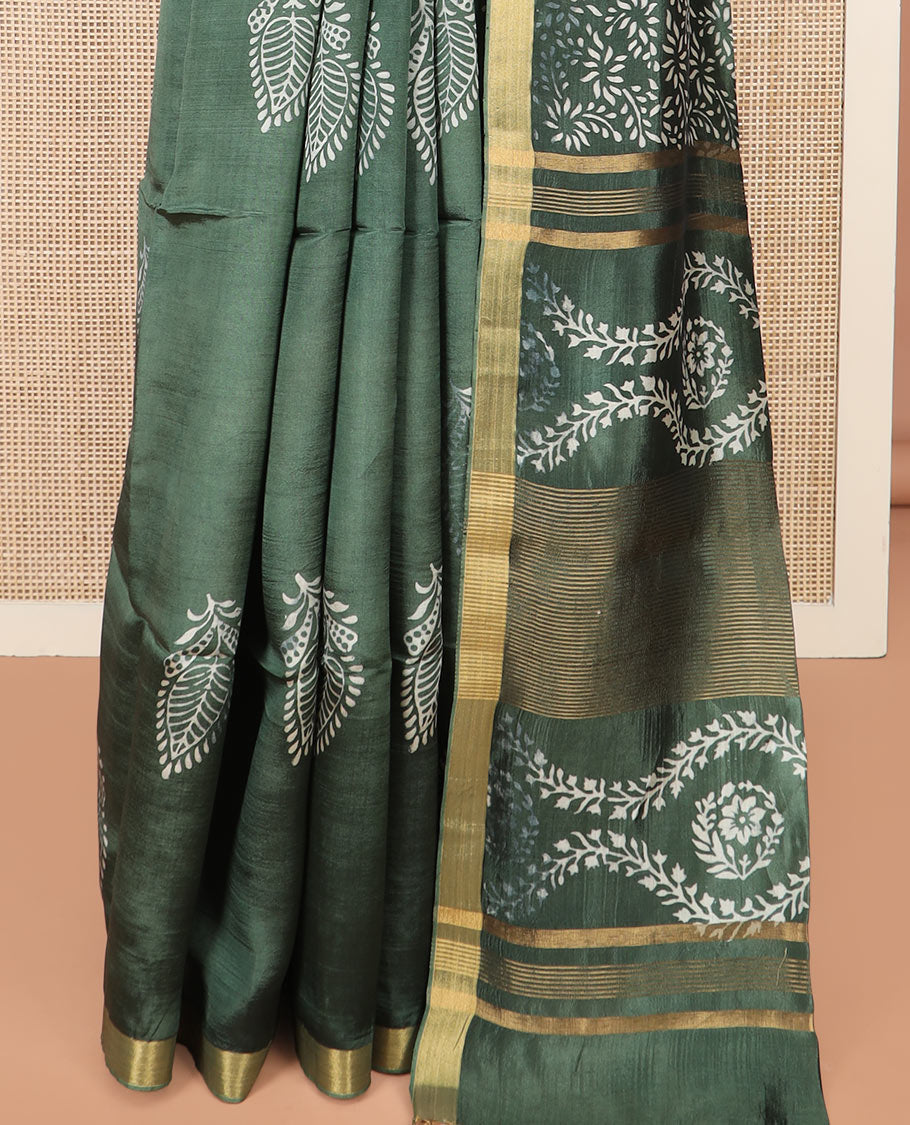 Green Banana Pith Saree Highlighted  with Floral Motifs Printed All Over Its Body, Zari Bavanji Border, Pallu of Print and Zari Work, and Paired with a Matching Blouse