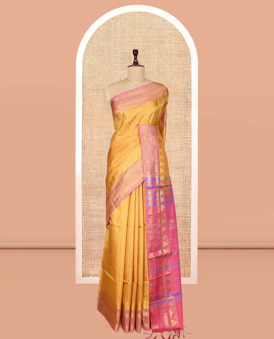 Yellow Banana Pith Saree, Sparsely Woven with Buttas, a Contrast Rettai Pettu Temple Border, Pallu of Buttas and Stripes, and a Contrast Blouse